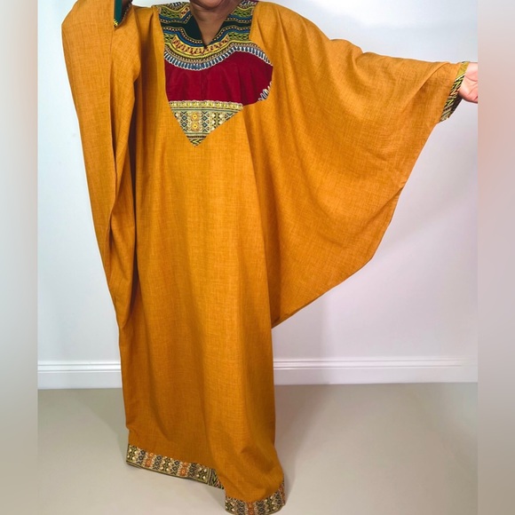 Handmade Burnt Yellow Dashiki Detail Maxi Kaftan Oversized Dress - Picture 6 of 12